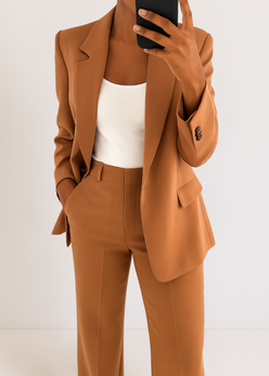 Person wearing a brown suit with a white top on a plain background