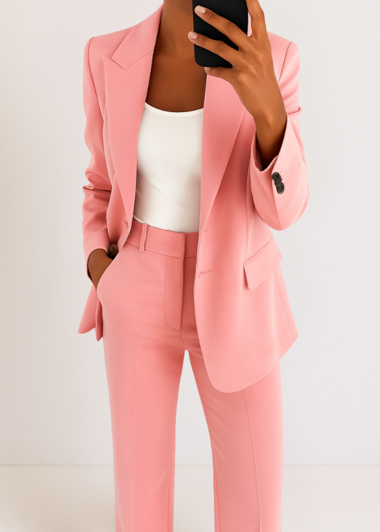 Person wearing a pink suit with a white top against a light background