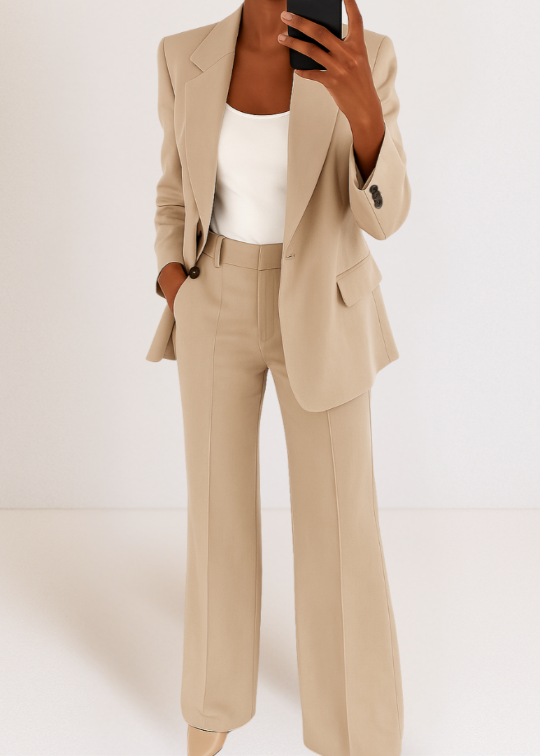 Person wearing a beige suit with a white top on a plain background