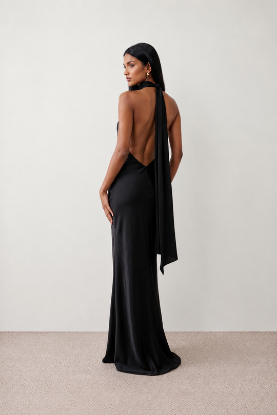 Woman wearing the Winnie satin halter maxi dress featuring a glossy satin finish, halter neckline with tie-back detail, open draped back, and a floor-length relaxed silhouette.