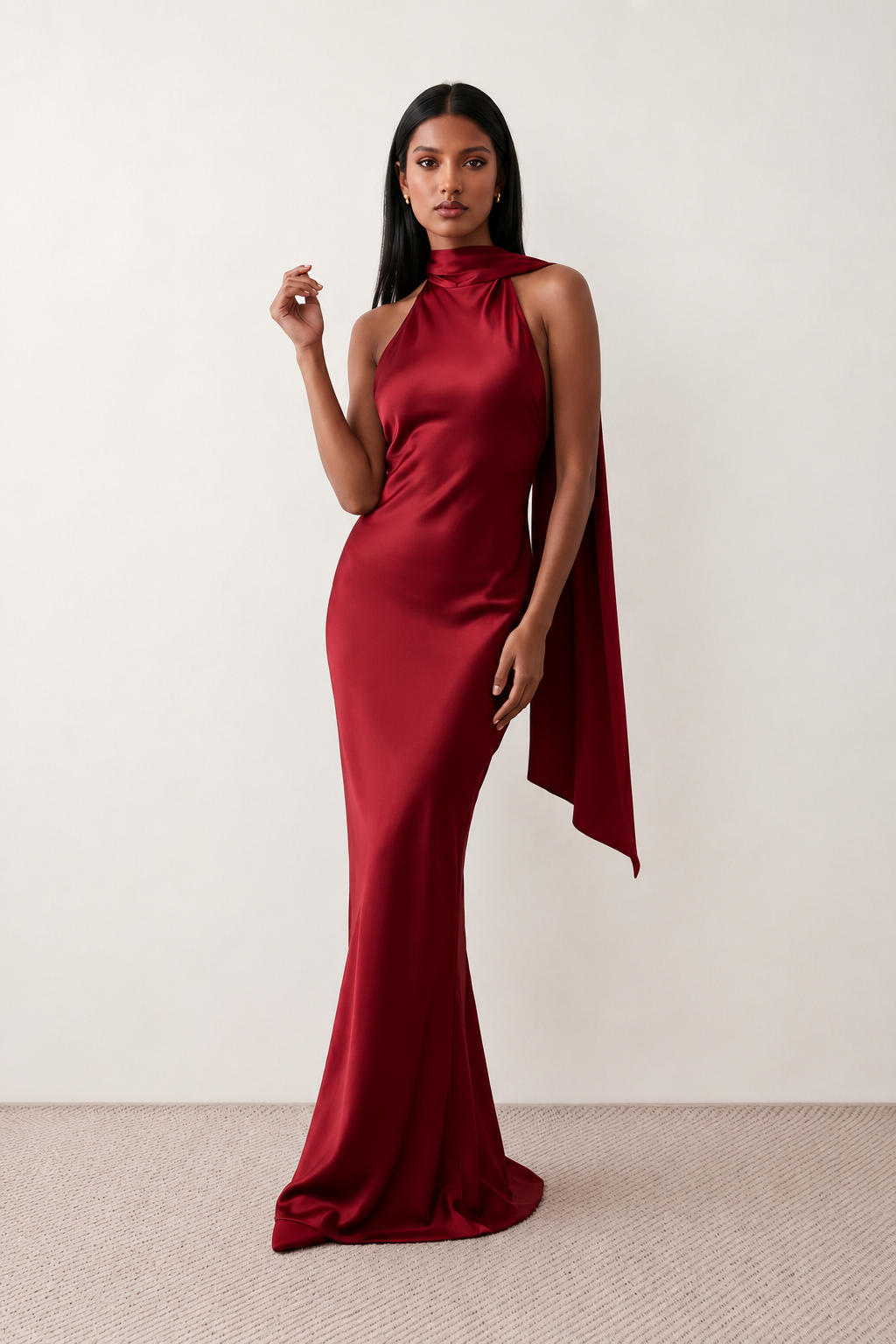 Woman wearing the Winnie satin halter maxi dress featuring a glossy satin finish, halter neckline with tie-back detail, open draped back, and a floor-length relaxed silhouette.
