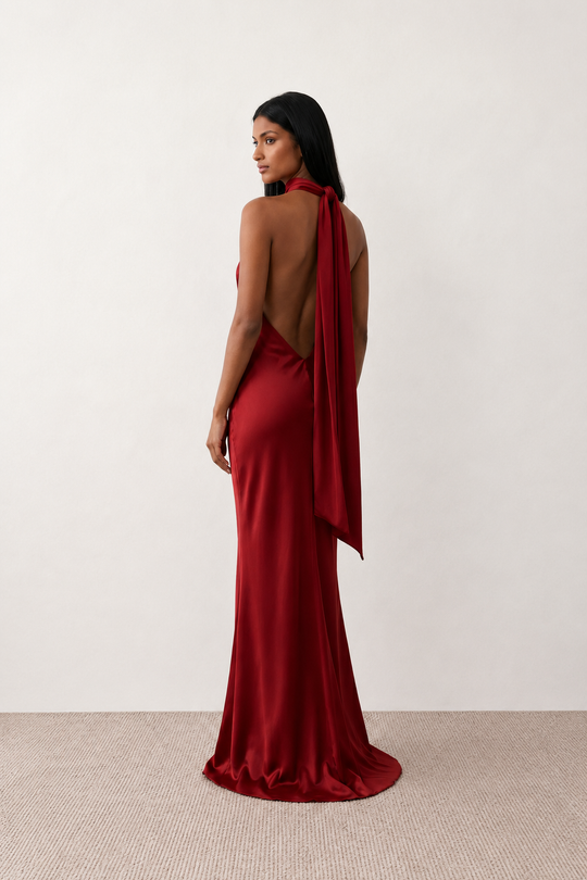 Woman wearing the Winnie satin halter maxi dress featuring a glossy satin finish, halter neckline with tie-back detail, open draped back, and a floor-length relaxed silhouette.