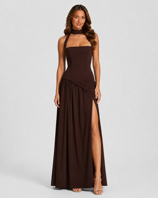 Woman wearing a satin-feel maxi dress with a sculpted bodice, asymmetric draped skirt, elegant side slit, and soft sheen for formal evening occasions.