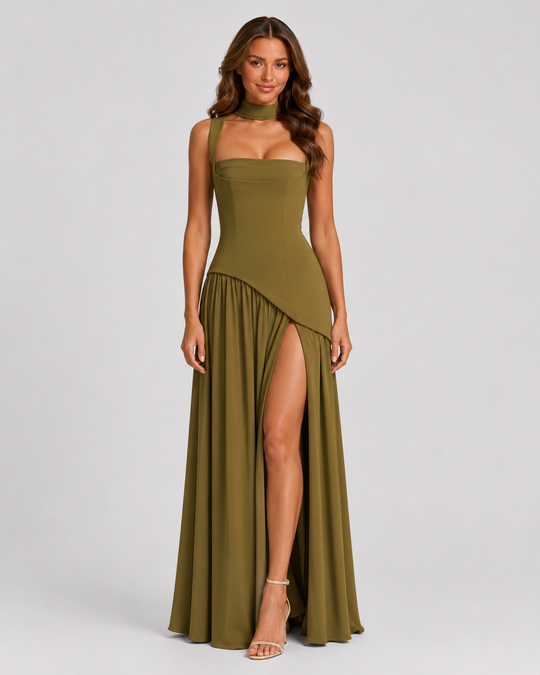 Woman wearing a satin-feel maxi dress with a sculpted bodice, asymmetric draped skirt, elegant side slit, and soft sheen for formal evening occasions.