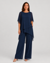 Women's chiffon-style two-piece set featuring an asymmetrical layered top and flowing wide-leg trousers in a relaxed elegant silhouette.