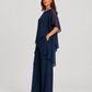 Women's chiffon-style two-piece set featuring an asymmetrical layered top and flowing wide-leg trousers in a relaxed elegant silhouette.