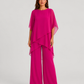 Women's chiffon-style two-piece set featuring an asymmetrical layered top and flowing wide-leg trousers in a relaxed elegant silhouette.