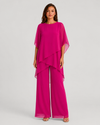Women's chiffon-style two-piece set featuring an asymmetrical layered top and flowing wide-leg trousers in a relaxed elegant silhouette.
