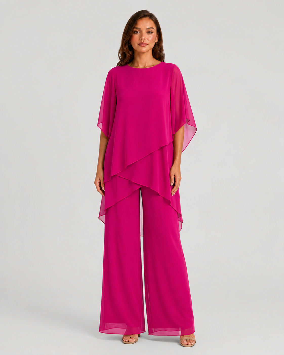 Women's chiffon-style two-piece set featuring an asymmetrical layered top and flowing wide-leg trousers in a relaxed elegant silhouette.