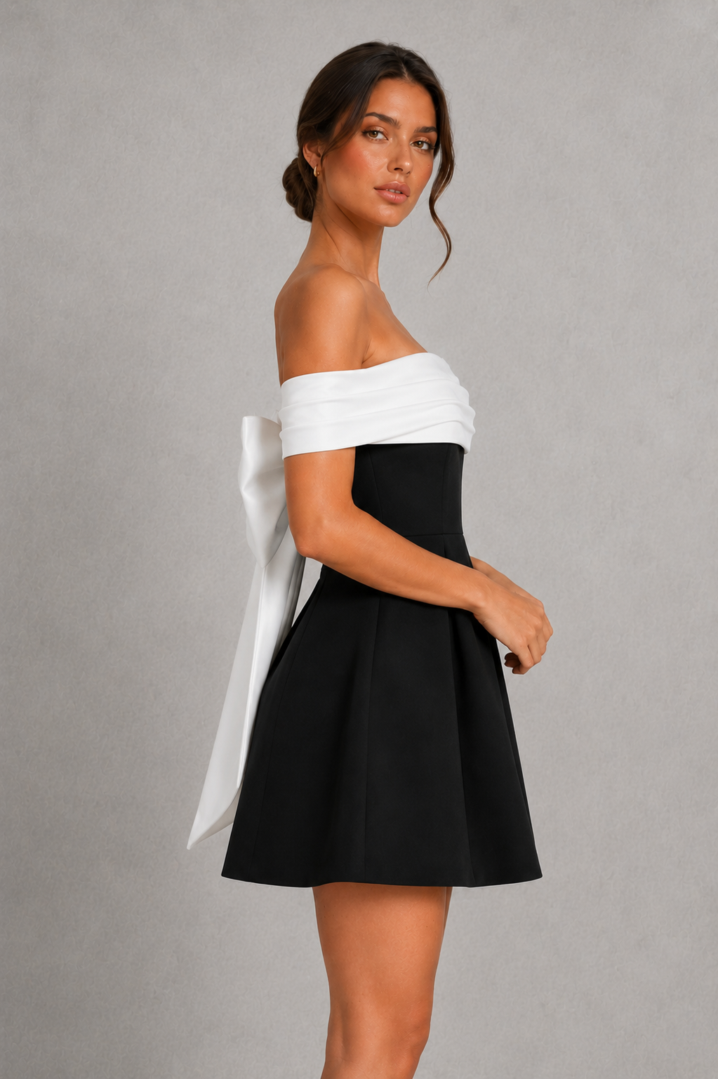 Women’s Bardot Bubble Mini Dress with Statement Bow Back