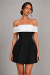 Women's Bardot Bubble Mini Dress with Bow Back – Black/White