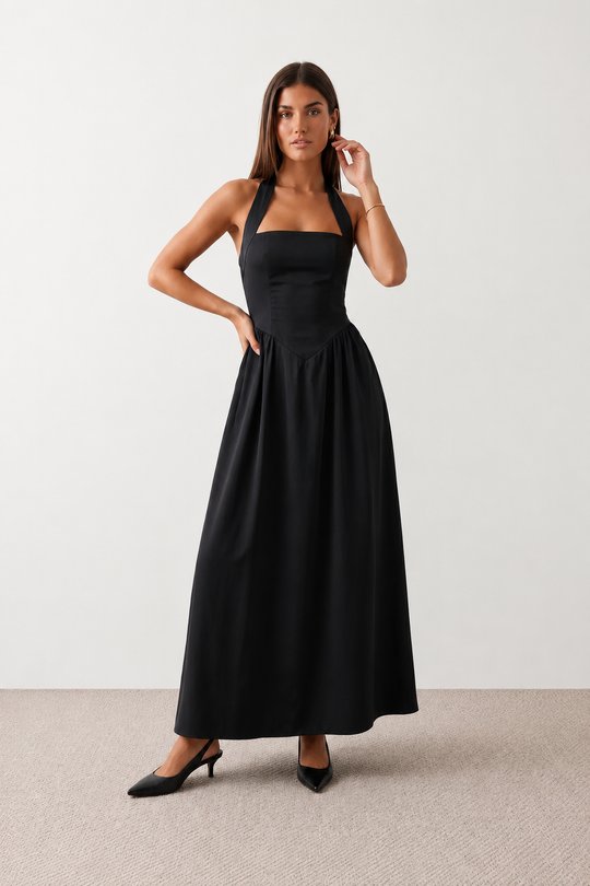 Aurora basque waist halter maxi dress with a halter neckline, open back, defined basque waist, and flowing A-line skirt in smooth fabric, ideal for weddings, formal events, and evening occasions.