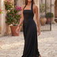 Aurora basque waist halter maxi dress with a halter neckline, open back, defined basque waist, and flowing A-line skirt in smooth fabric, ideal for weddings, formal events, and evening occasions.