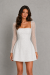Women's Beaded Bubble Hem Mini Dress with Sheer Sleeves – White