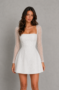 Women’s Beaded Bubble Hem Mini Dress with Sheer Sleeves for Party & Occasion Wear