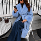 Women’s Blue Cashmere Blend Belted Coat with Faux Fur Trim for Luxury Winter Wear