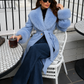 Women’s Blue Cashmere Blend Belted Coat with Faux Fur Trim for Luxury Winter Wear