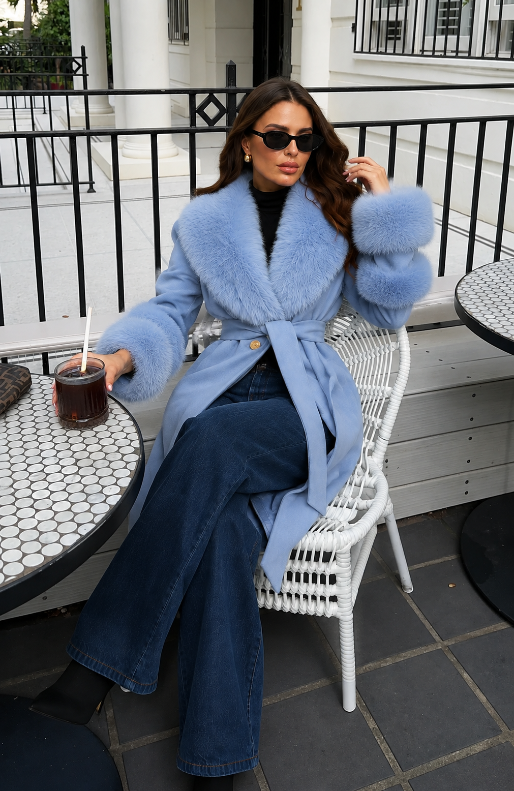 Women’s Blue Cashmere Blend Belted Coat with Faux Fur Trim for Luxury Winter Wear