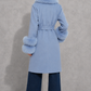 Women’s Blue Cashmere Blend Belted Coat with Faux Fur Trim for Luxury Winter Wear