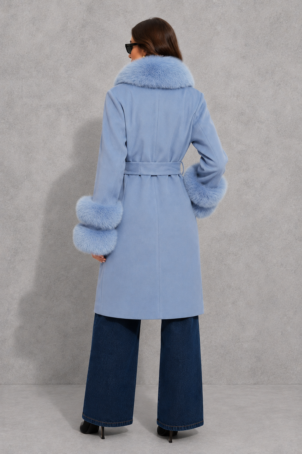 Women’s Blue Cashmere Blend Belted Coat with Faux Fur Trim for Luxury Winter Wear