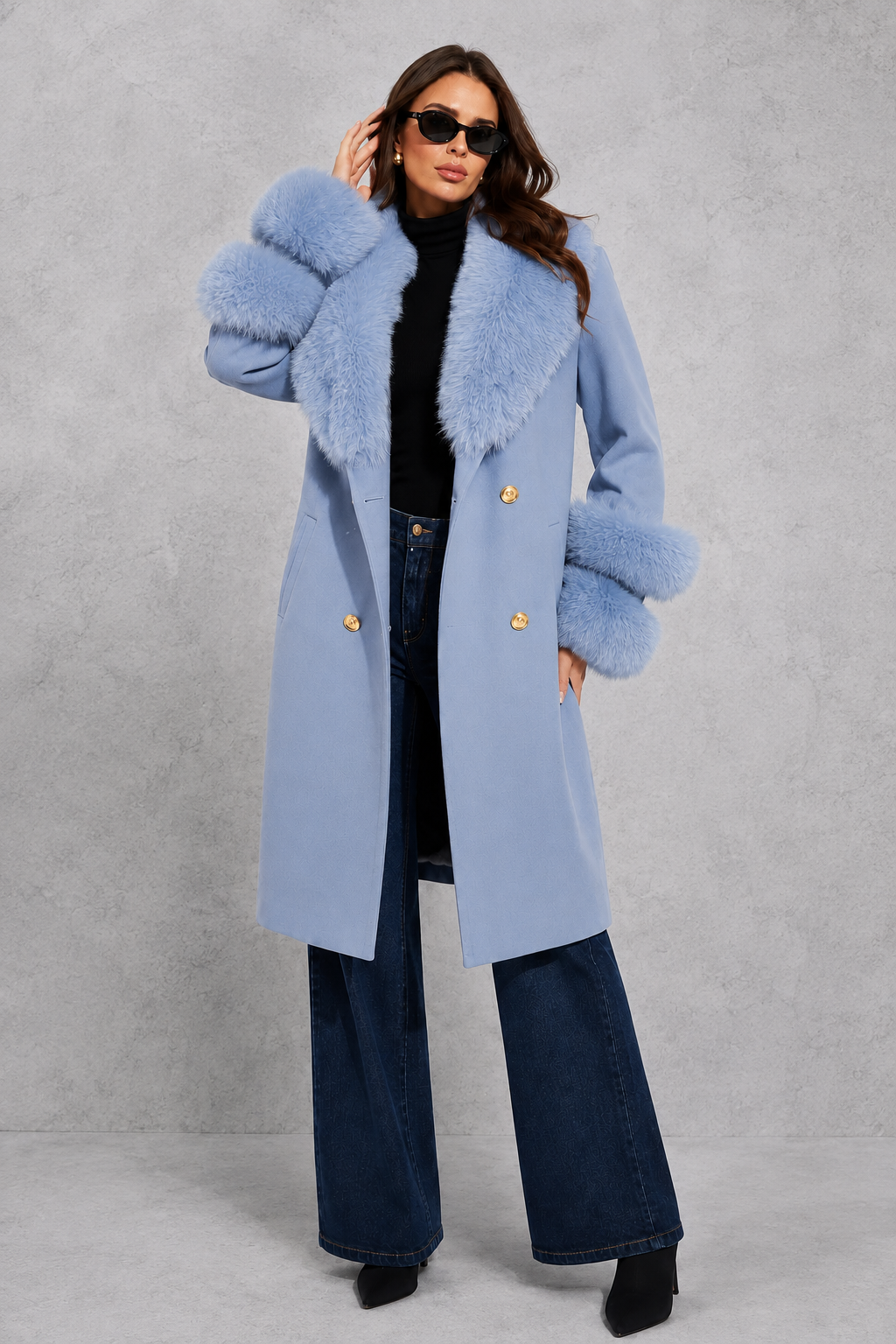 Women’s Blue Cashmere Blend Belted Coat with Faux Fur Trim for Luxury Winter Wear