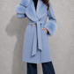 Women’s Blue Cashmere Blend Belted Coat with Faux Fur Trim for Luxury Winter Wear