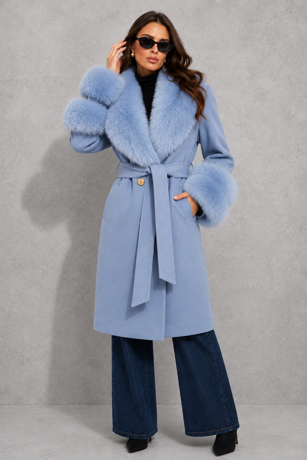 Women’s Blue Cashmere Blend Belted Coat with Faux Fur Trim for Luxury Winter Wear