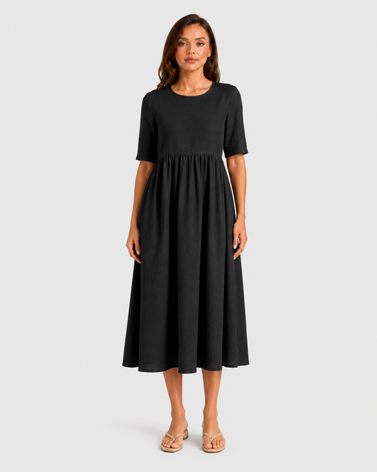 Woman wearing a relaxed-fit linen blend midi dress with a soft drape and breathable fabric, styled for effortless daytime elegance.