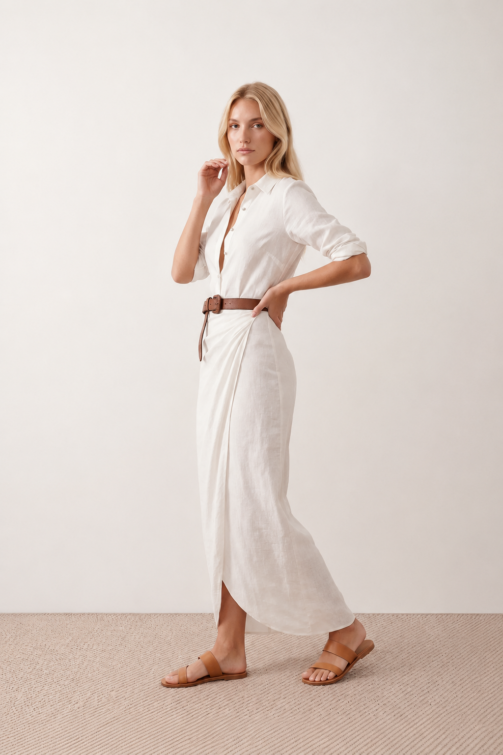Woman wearing the Julieta Button Front Maxi Dress with a deep V-neck, shirt collar, button-front bodice, long sleeves, belted waist with a square-buckle belt, asymmetric pleated hip drape, and flowing maxi-length skirt.