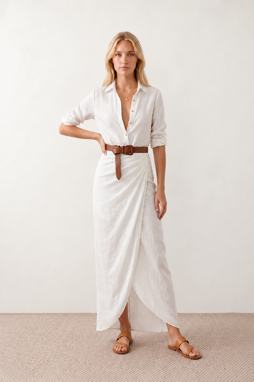Woman wearing the Julieta Button Front Maxi Dress with a deep V-neck, shirt collar, button-front bodice, long sleeves, belted waist with a square-buckle belt, asymmetric pleated hip drape, and flowing maxi-length skirt.