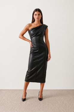 Woman wearing the Celia Faux Leather Glossy Midi Dress in high-shine faux leather, featuring an asymmetric off-the-shoulder draped neckline, fitted pencil silhouette, ruched waist, low-back design with concealed zip fastening, back slit, and elegant midi length, styled for cocktail parties and evening occasions.