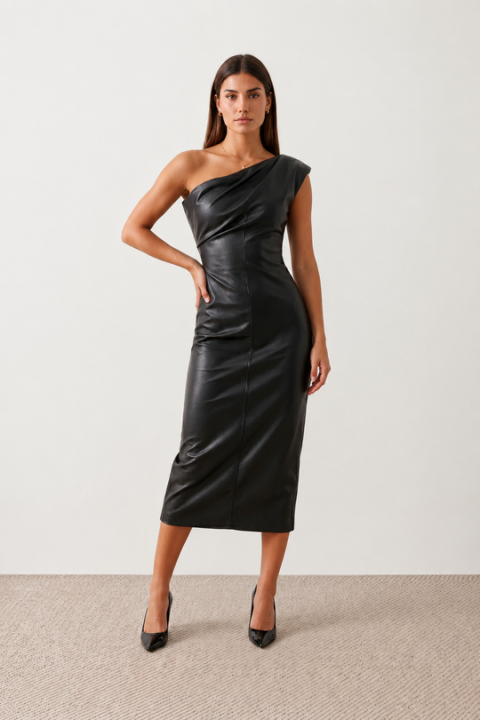 Woman wearing the Celia Faux Leather Glossy Midi Dress in high-shine faux leather, featuring an asymmetric off-the-shoulder draped neckline, fitted pencil silhouette, ruched waist, low-back design with concealed zip fastening, back slit, and elegant midi length, styled for cocktail parties and evening occasions.
