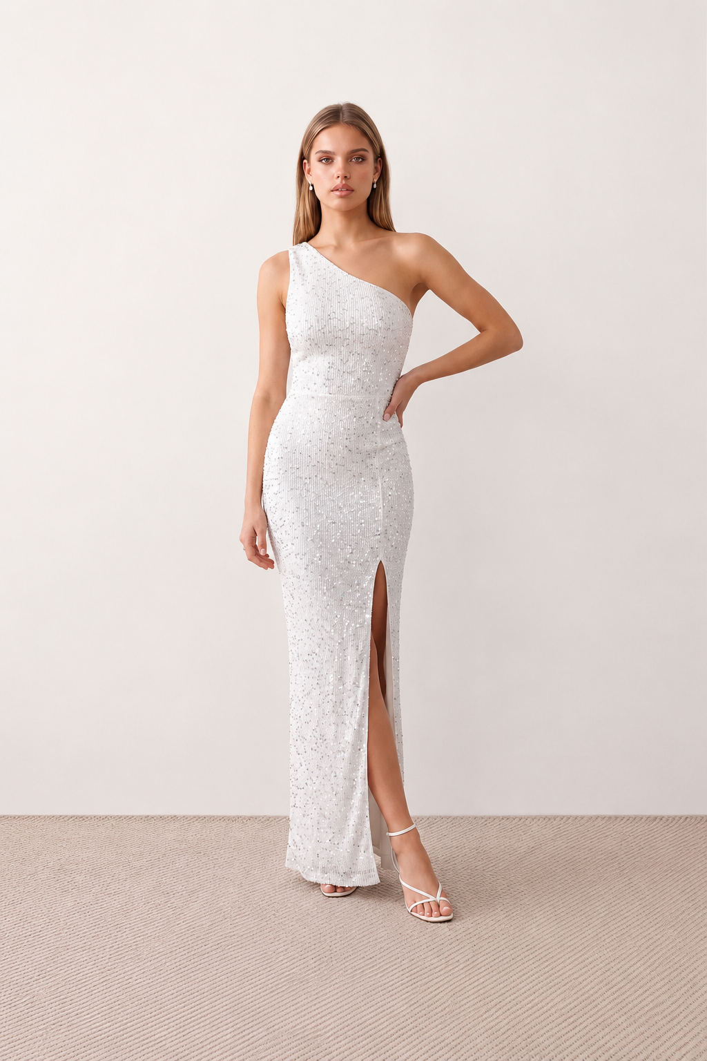 Women's Christa sequined asymmetric neck maxi dress with all-over shimmering sequins, elegant one-shoulder neckline, low open back, fitted silhouette and front thigh split, ideal for weddings, black-tie events, galas and formal evening occasions.