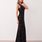 Women's Christa sequined asymmetric neck maxi dress with all-over shimmering sequins, elegant one-shoulder neckline, low open back, fitted silhouette and front thigh split, ideal for weddings, black-tie events, galas and formal evening occasions.