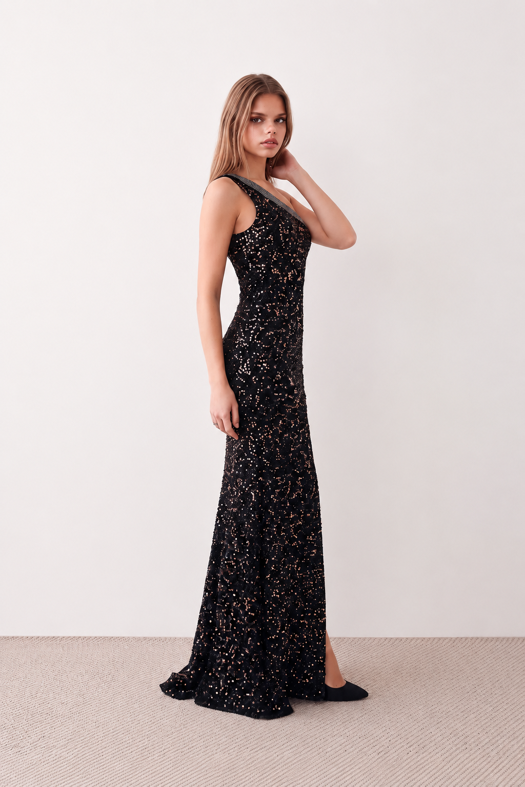 Women's Christa sequined asymmetric neck maxi dress with all-over shimmering sequins, elegant one-shoulder neckline, low open back, fitted silhouette and front thigh split, ideal for weddings, black-tie events, galas and formal evening occasions.