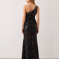 Women's Christa sequined asymmetric neck maxi dress with all-over shimmering sequins, elegant one-shoulder neckline, low open back, fitted silhouette and front thigh split, ideal for weddings, black-tie events, galas and formal evening occasions.