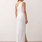 Women's Christa sequined asymmetric neck maxi dress with all-over shimmering sequins, elegant one-shoulder neckline, low open back, fitted silhouette and front thigh split, ideal for weddings, black-tie events, galas and formal evening occasions.