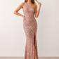 Women's Christa sequined asymmetric neck maxi dress with all-over shimmering sequins, elegant one-shoulder neckline, low open back, fitted silhouette and front thigh split, ideal for weddings, black-tie events, galas and formal evening occasions.
