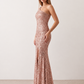 Women's Christa sequined asymmetric neck maxi dress with all-over shimmering sequins, elegant one-shoulder neckline, low open back, fitted silhouette and front thigh split, ideal for weddings, black-tie events, galas and formal evening occasions.