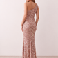 Women's Christa sequined asymmetric neck maxi dress with all-over shimmering sequins, elegant one-shoulder neckline, low open back, fitted silhouette and front thigh split, ideal for weddings, black-tie events, galas and formal evening occasions.