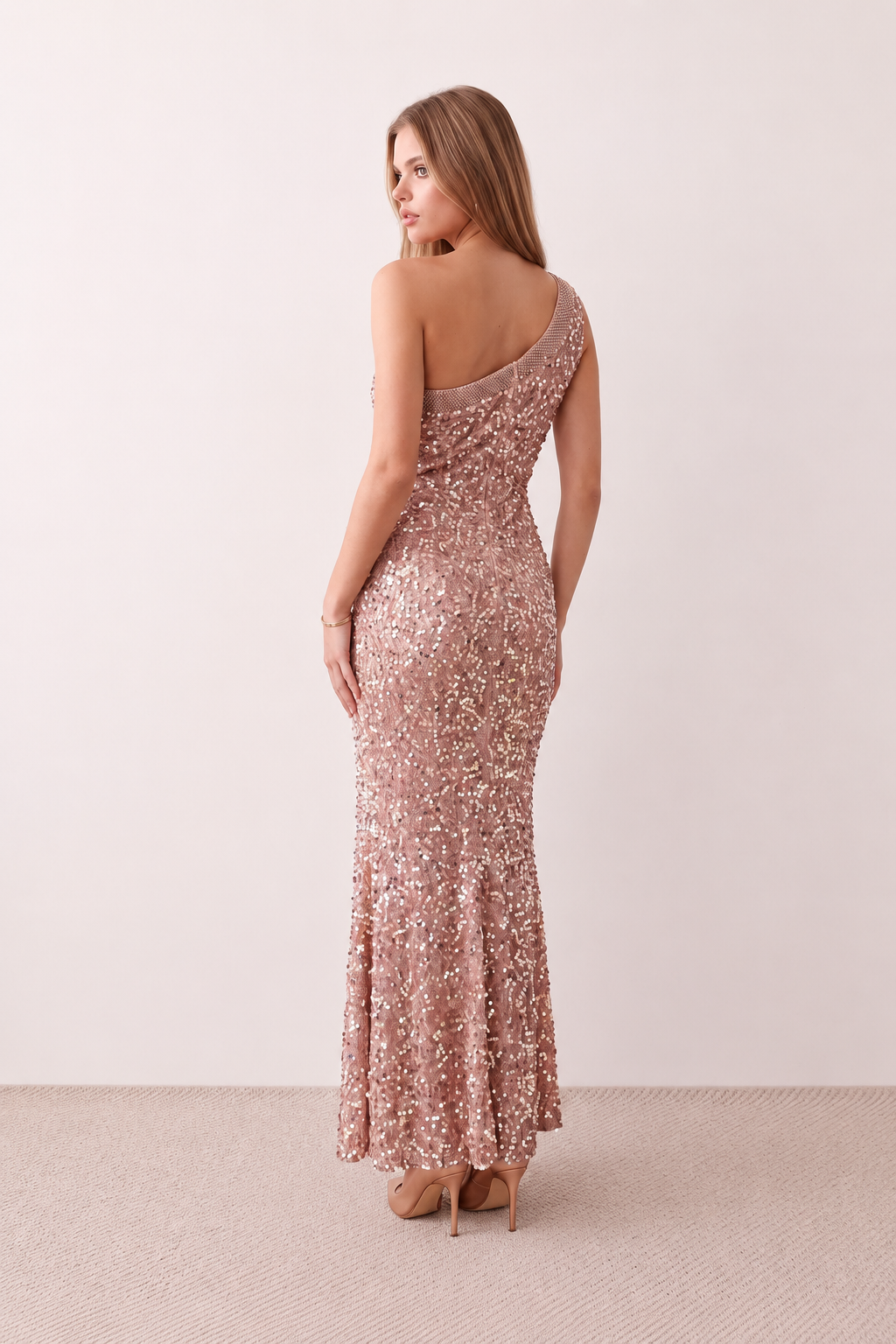 Women's Christa sequined asymmetric neck maxi dress with all-over shimmering sequins, elegant one-shoulder neckline, low open back, fitted silhouette and front thigh split, ideal for weddings, black-tie events, galas and formal evening occasions.
