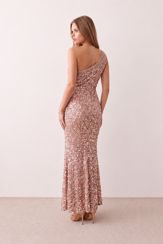 Women's Christa sequined asymmetric neck maxi dress with all-over shimmering sequins, elegant one-shoulder neckline, low open back, fitted silhouette and front thigh split, ideal for weddings, black-tie events, galas and formal evening occasions.