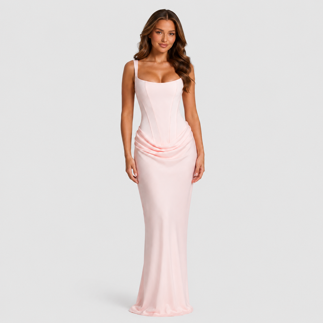 Women's elegant corset maxi dress featuring a structured bodice, dropped waist silhouette, and flowing pleated skirt for formal occasions.