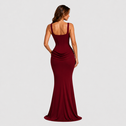 Women's elegant corset maxi dress featuring a structured bodice, dropped waist silhouette, and flowing pleated skirt for formal occasions.