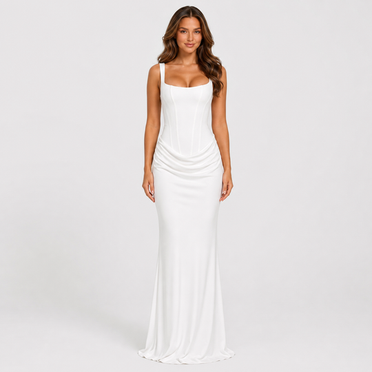 Women's elegant corset maxi dress featuring a structured bodice, dropped waist silhouette, and flowing pleated skirt for formal occasions.