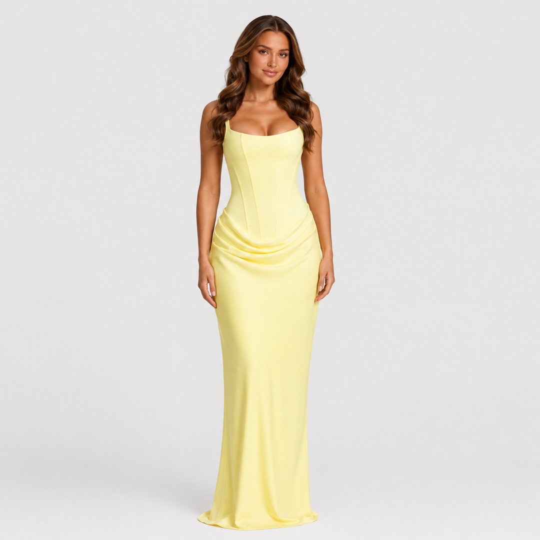 Women's elegant corset maxi dress featuring a structured bodice, dropped waist silhouette, and flowing pleated skirt for formal occasions.