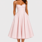Women's satin-feel corset midi dress with sweetheart neckline, adjustable straps, fitted bodice, and full flowing skirt for weddings and special occasions.
