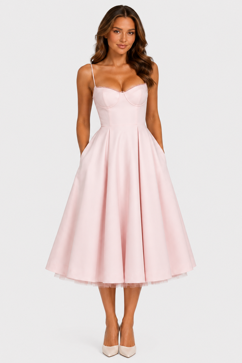 Women's satin-feel corset midi dress with sweetheart neckline, adjustable straps, fitted bodice, and full flowing skirt for weddings and special occasions.