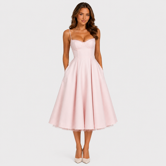 Women's satin-feel corset midi dress with sweetheart neckline, adjustable straps, fitted bodice, and full flowing skirt for weddings and special occasions.