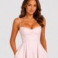Women's satin-feel corset midi dress with sweetheart neckline, adjustable straps, fitted bodice, and full flowing skirt for weddings and special occasions.